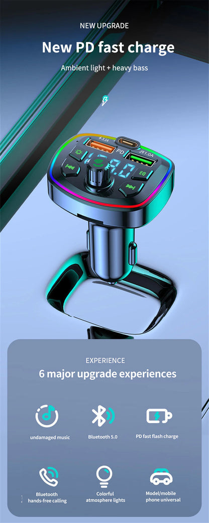 Car Bluetooth 5.0 FM Transmitter PD 18W Type-C Dual USB 4.2A Fast Charger LED Backlit Atmosphere Light MP3 Player Lossless Music