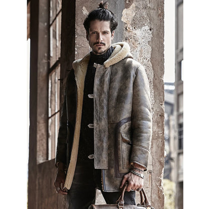 Denny&Dora Men's Long Shearling Jacket Sheepskin Hooded Fur Coat Thick Winter Leather Coat for Men