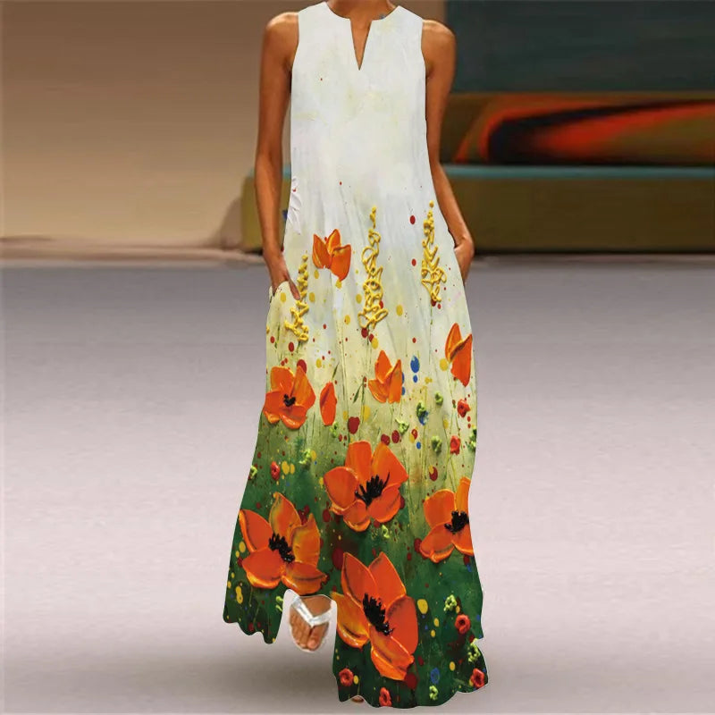 Sexy V-neck Sleeveless Dress For Women Summer Fashion Sundress Retro Print Long Dresses With Pocket Maxi Dress Femme Vestidos