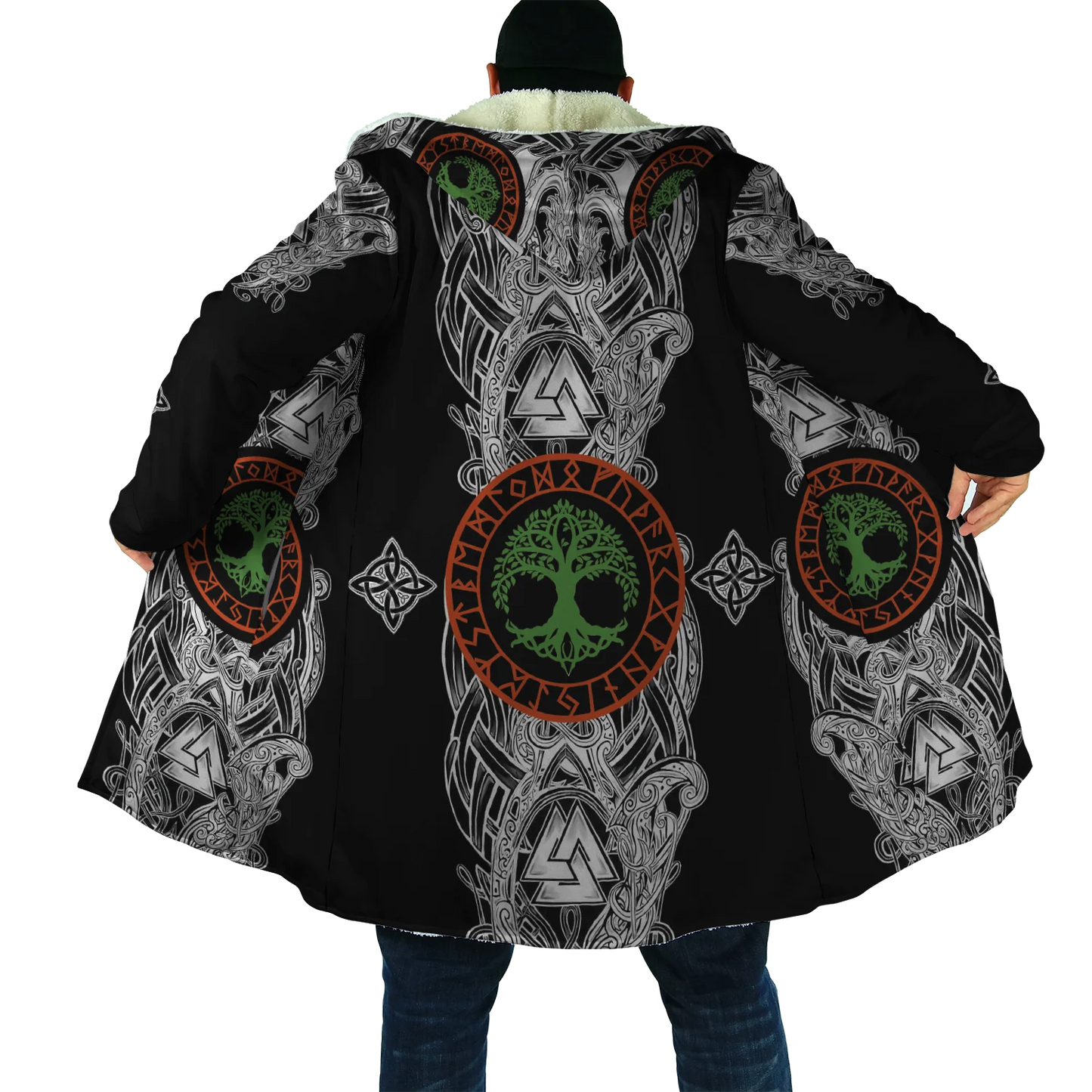 2025 Winter Fashion Mens Cloak Odin Raven Tattoo 3D Printing Fleece Hooded cloak Unisex Casual Thick Warm Cape coat PJ-01