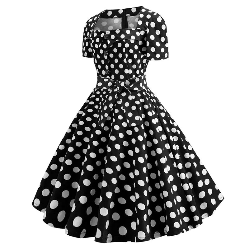 Women's Polka Dot Summer Midi Dress Square Collar Short Sleeve Elegant Vintage Casual Party Holiday Wear