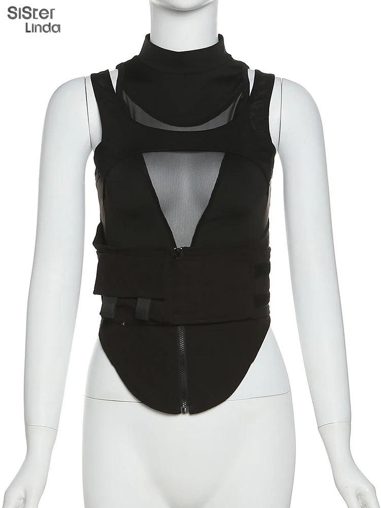 Sisterlinda Spring Mesh Patchwork Sexy Cool Moto Y2K Tank Top Women Skinny Belt Zip Multi-Layer Sporty Locomotive Trend Vest2022