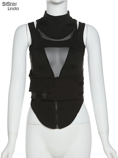 Sisterlinda Spring Mesh Patchwork Sexy Cool Moto Y2K Tank Top Women Skinny Belt Zip Multi-Layer Sporty Locomotive Trend Vest2022