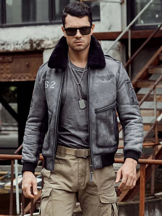 Denny&Dora Men's Grey Leather Shearling Bomber Jacket B6 Natural Sheepskin Fur Overcoat Men's Outerwear