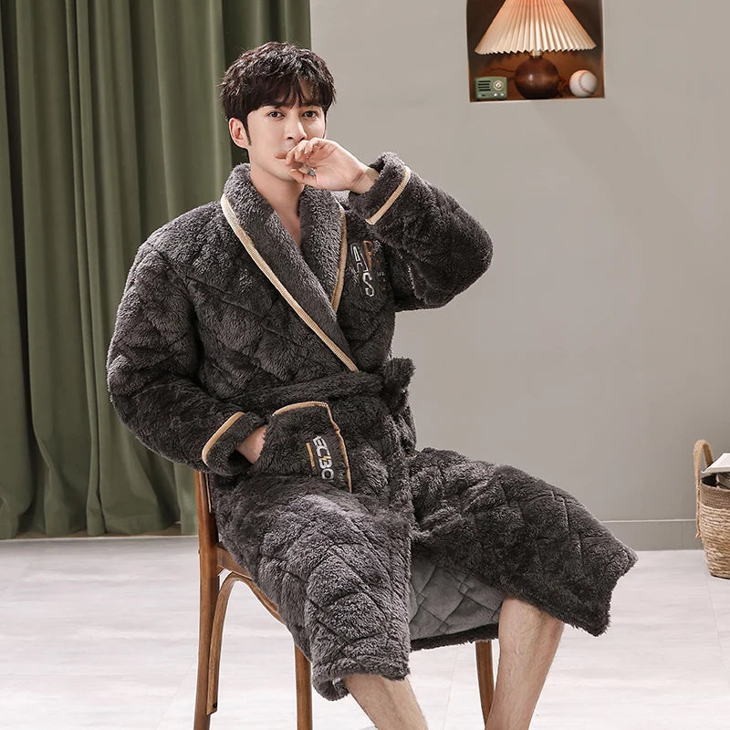 Winter Bath Robe Coral Fleece Men Bathroom Robe Men Bathrobe Men Flannel Quilted Pajama Thick Long Spa Robe Shower Homewear