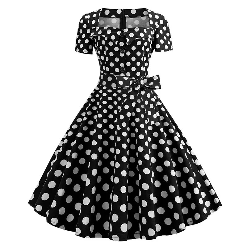 Women's Polka Dot Summer Midi Dress Square Collar Short Sleeve Elegant Vintage Casual Party Holiday Wear