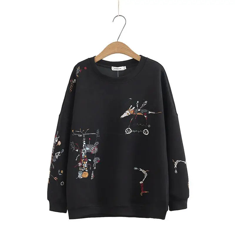 Harajuku Sweatshirt Women 2026 Autumn Winter New Fashion Casual Stitch-embroidered Long-sleeved O- Neck Breathable Hoodie Top