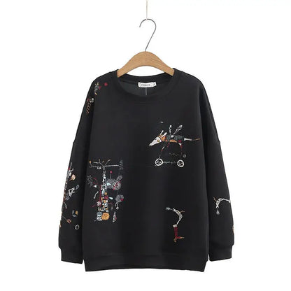 Harajuku Sweatshirt Women 2026 Autumn Winter New Fashion Casual Stitch-embroidered Long-sleeved O- Neck Breathable Hoodie Top