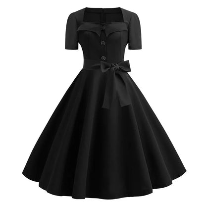 Women's Polka Dot Summer Midi Dress Square Collar Short Sleeve Elegant Vintage Casual Party Holiday Wear