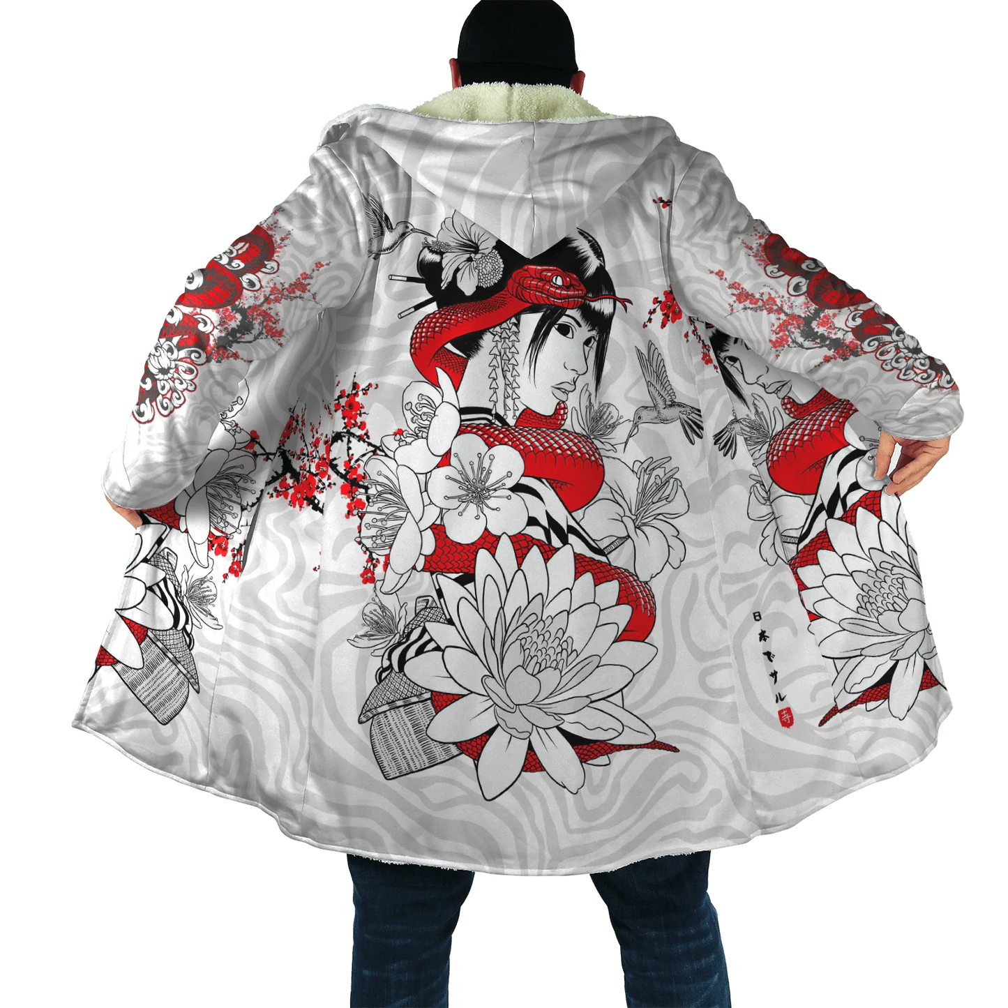 Drop shipping Winter Mens Cloak Samurai Oni Mask Tattoo 3D Printing Fleece Hooded cloak Unisex Casual Thick Warm Cape coat PF31