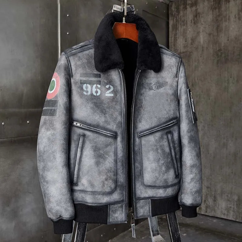 Denny&Dora Men's Grey Leather Shearling Bomber Jacket B6 Natural Sheepskin Fur Overcoat Men's Outerwear