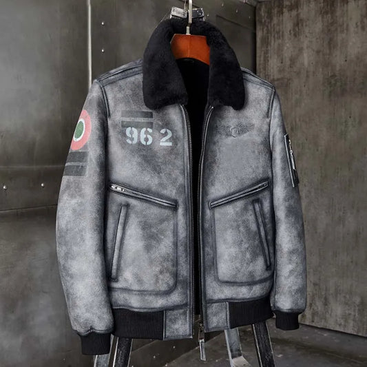 Denny&Dora Men's Grey Leather Shearling Bomber Jacket B6 Natural Sheepskin Fur Overcoat Men's Outerwear