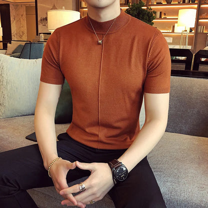 7 Colors Half High Collar Men T-shirt New 2026 Summer Short Sleeve  Solid Color Sweater Pullover T Shirt Slim Knitted Tees Top