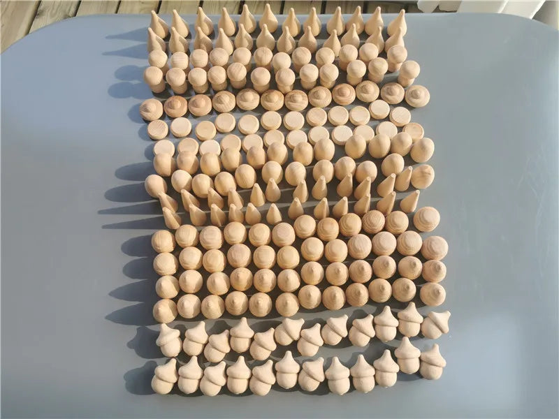 Kids Wooden Montessori Toys Rainbow Loose Parts Wood Mushrooms Honeycomb Droplets Bamboo Shoots Acorns Tree Cones