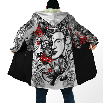 2024 winter Mens Hooded cloak Samurai Oni Mask Tattoo 3D Printing Fleece wind breaker Unisex Casual Warm Hood cloak PF04