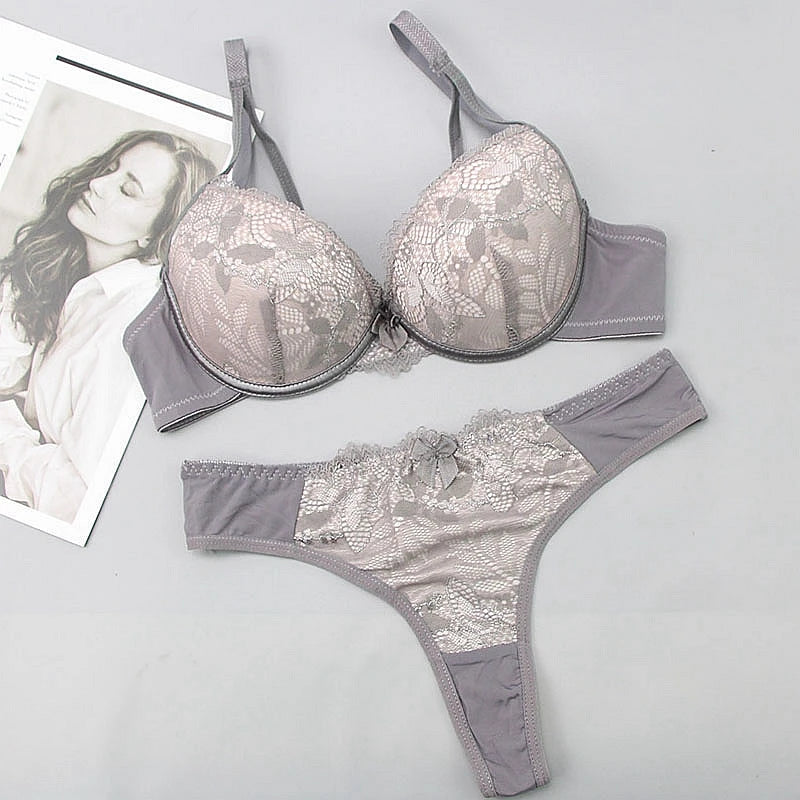 2021 New Push Up Lace Bra Sets Plus Size Lingerie BCDE Cup Adjusted Strap Bow Underwire Grey Red Blue Black White Underwear