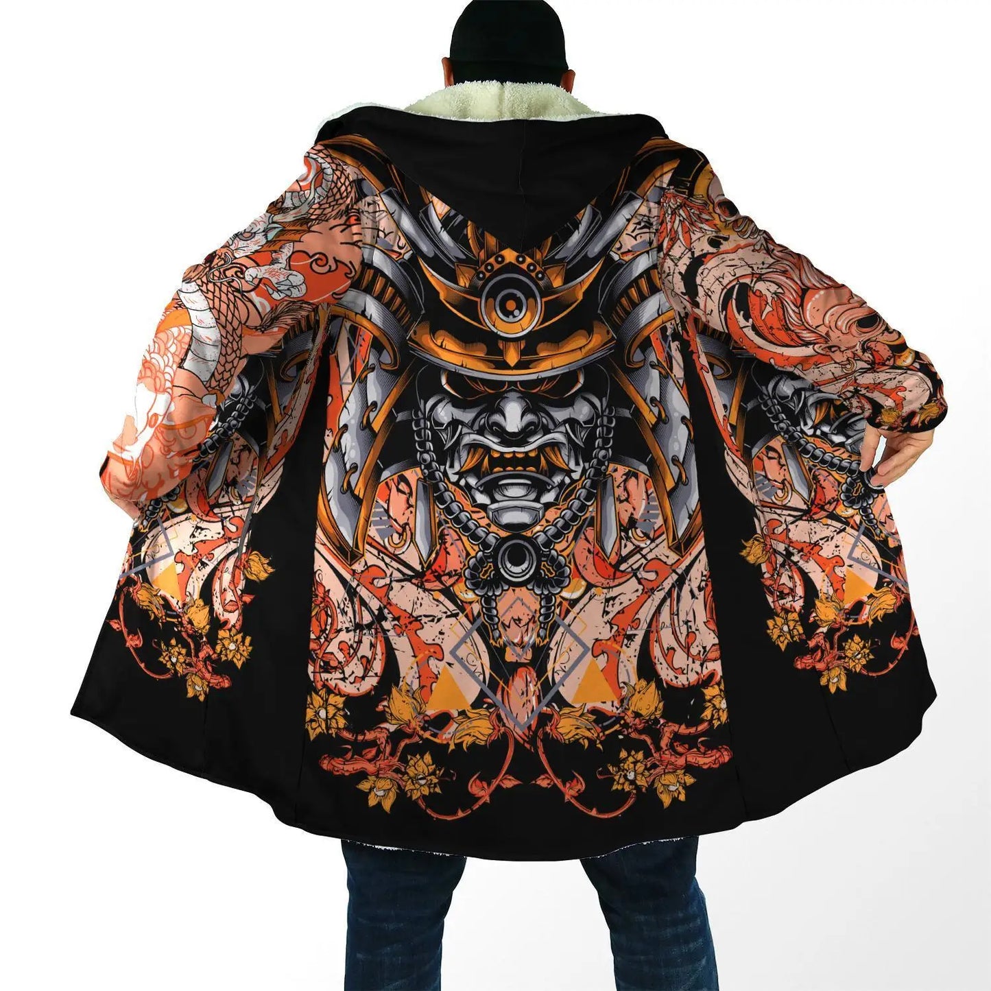 2024 winter Mens Hooded cloak Samurai Oni Mask Tattoo 3D Printing Fleece wind breaker Unisex Casual Warm Hood cloak PF04