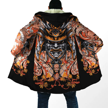 2024 winter Mens Hooded cloak Samurai Oni Mask Tattoo 3D Printing Fleece wind breaker Unisex Casual Warm Hood cloak PF04