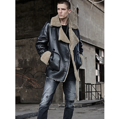 Denny&Dora Mens Sheepskin Shearling Jacket Fur Coat Leather Jacket Fashion Loose Thick Winter Mens Coats