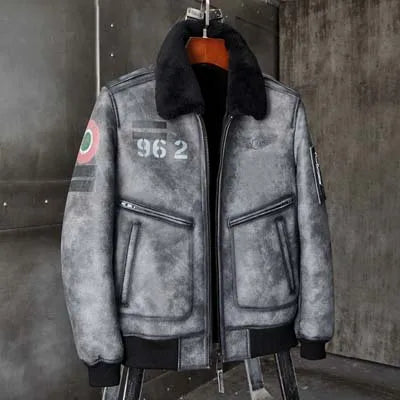 Denny&Dora Men's Grey Leather Shearling Bomber Jacket B6 Natural Sheepskin Fur Overcoat Men's Outerwear