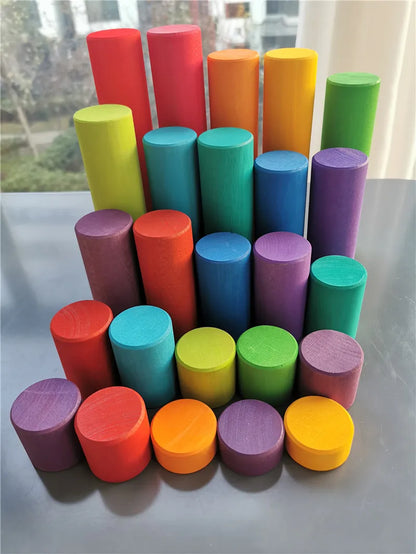 25pcs Kids Large Wood Building Rollers Rainbow Blocks Stain Basswood Stacking Cylinders Educational Creative Toys