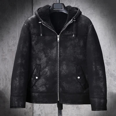 Denny&Dora Men's Shearling Jacket Black B3 Jacket Genuine Leather Sheepskin Hooded Winter Coat