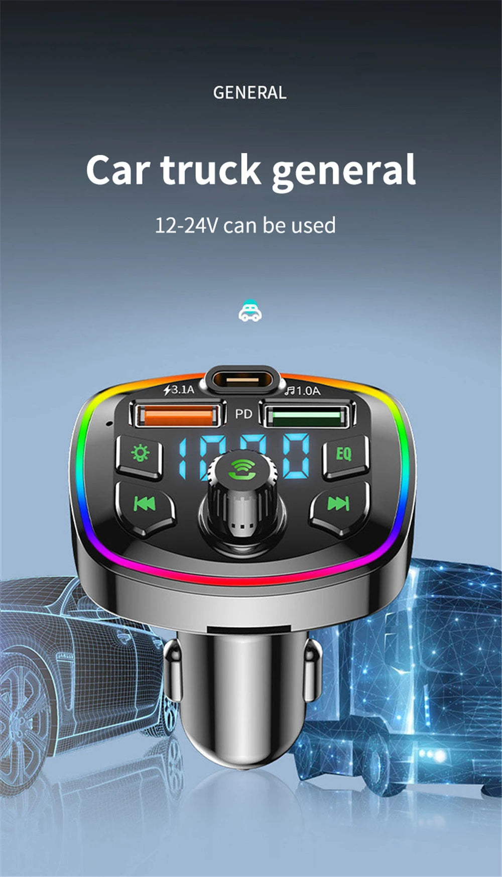 Car Bluetooth 5.0 FM Transmitter PD 18W Type-C Dual USB 4.2A Fast Charger LED Backlit Atmosphere Light MP3 Player Lossless Music