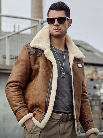 Denny&Dora Men's Brown Leather Shearling Bomber Jacket B3 Winter Parka Fur Coat Natural Sheepskin Outerwear for Cold Weather