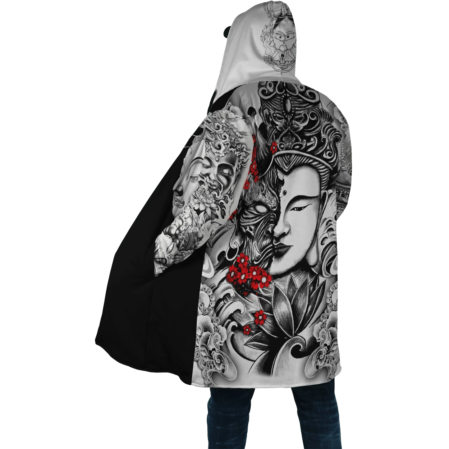 2024 winter Mens Hooded cloak Samurai Oni Mask Tattoo 3D Printing Fleece wind breaker Unisex Casual Warm Hood cloak PF04
