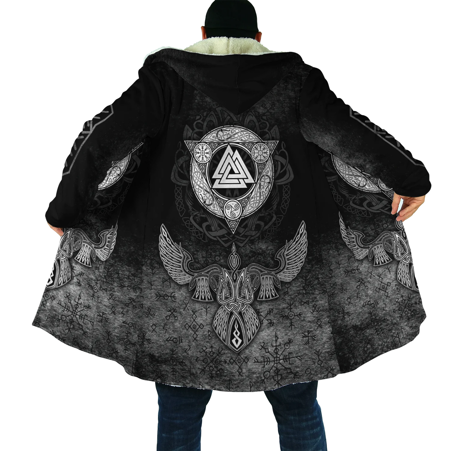 2025 Winter Fashion Mens Cloak Odin Raven Tattoo 3D Printing Fleece Hooded cloak Unisex Casual Thick Warm Cape coat PJ-01