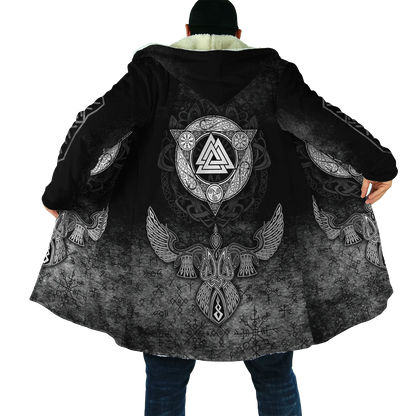 2025 Winter Fashion Mens Cloak Odin Raven Tattoo 3D Printing Fleece Hooded cloak Unisex Casual Thick Warm Cape coat PJ-01