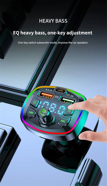 Car Bluetooth 5.0 FM Transmitter PD 18W Type-C Dual USB 4.2A Fast Charger LED Backlit Atmosphere Light MP3 Player Lossless Music