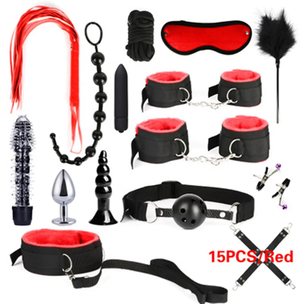 Sexy leather BDSM plush bondage bundle set blindfold handcuffs whip sex toys for women Nipple clip butt plug Exotic sex toys