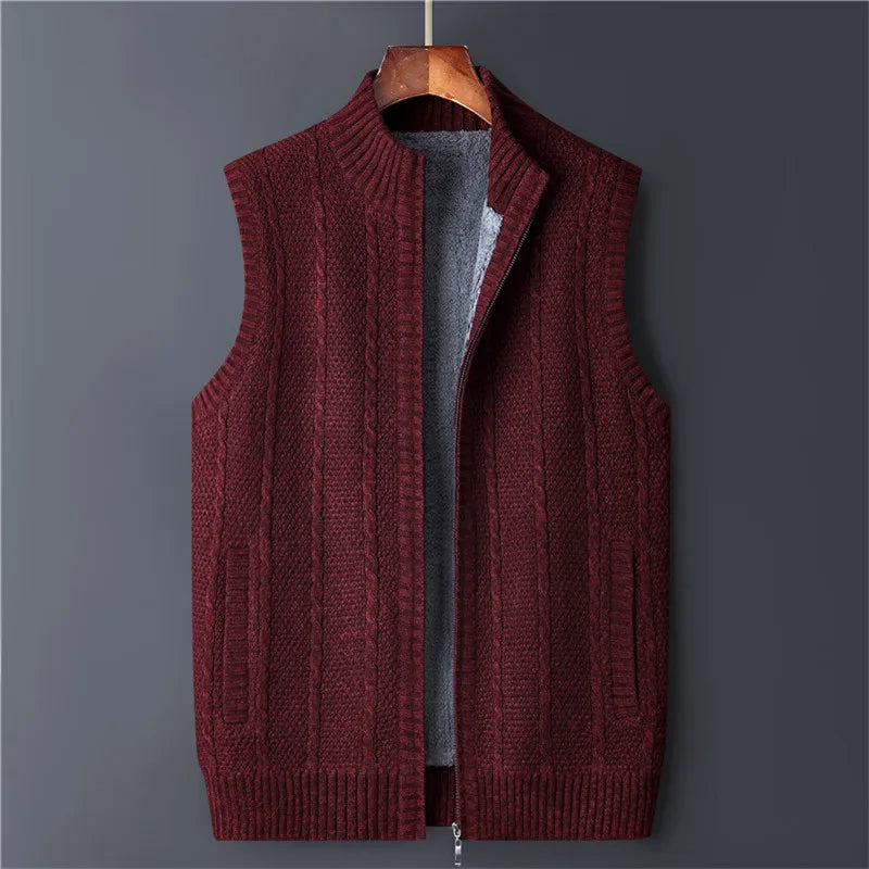 Winter Vest Men Sweater Zipper Warm Thick Male Cardigan Clothing Fleece Wool Liner  Sleeveless Jackets Vintage Black Red