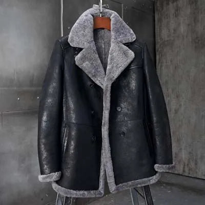 Denny&Dora Men's B3 Shearling Jacket Long Winter Leather Coat Gray Warm Casual Outerwear for Men