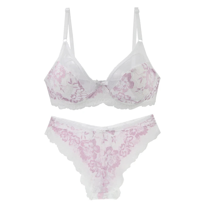 Women Ultra-thin BCDE Cup Mesh Lace Underwear Transparent Bra Sets Beauty Back Hollow Embroidery Female Lingerie