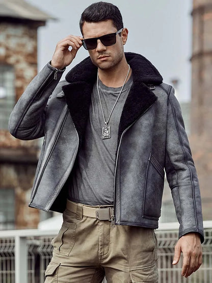 Denny&Dora Men's Grey Shearling Jacket B3 Flight Style Short Leather Motorcycle Coat with Fur Lining