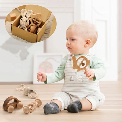 Let's Make 4pcs/set Wooden Rattle Sets Cartoon Animal Crochet Rattle Wood Car Block Soother Teether Set Montessori Toddler Toy