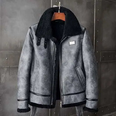 Denny&Dora Men's Brown Leather Shearling Bomber Jacket B3 Winter Parka Fur Coat Natural Sheepskin Outerwear for Cold Weather
