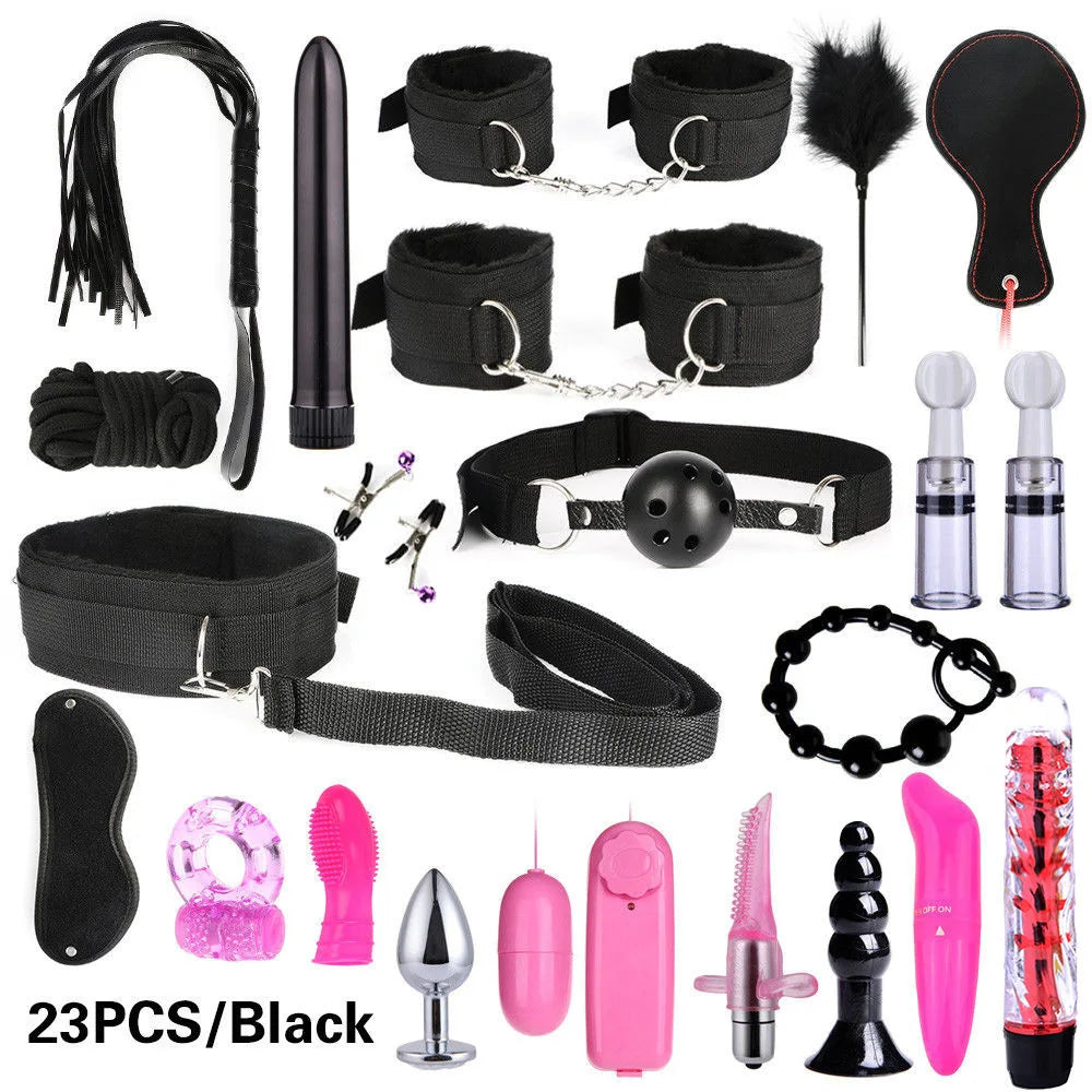 Sexy leather BDSM plush bondage bundle set blindfold handcuffs whip sex toys for women Nipple clip butt plug Exotic sex toys
