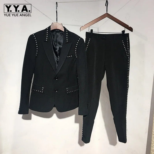 Suit Jacket Set Men England Style Black Single Breasted Slim Fit Blazer Pants Two Piece Set Fashion Night Club Rivets Coat