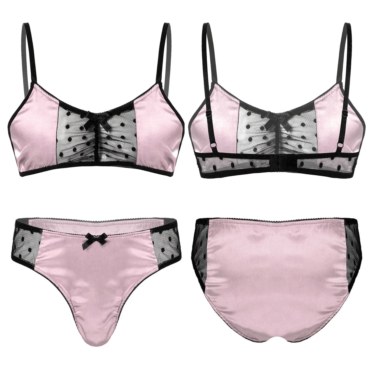 Men Satin Lingerie Suit Sissy Nightwear Sheer Mesh Patchwork Bra Tops with Briefs Thongs Exotic Sleepwear Gay Male Underwear