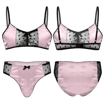 Men Satin Lingerie Suit Sissy Nightwear Sheer Mesh Patchwork Bra Tops with Briefs Thongs Exotic Sleepwear Gay Male Underwear