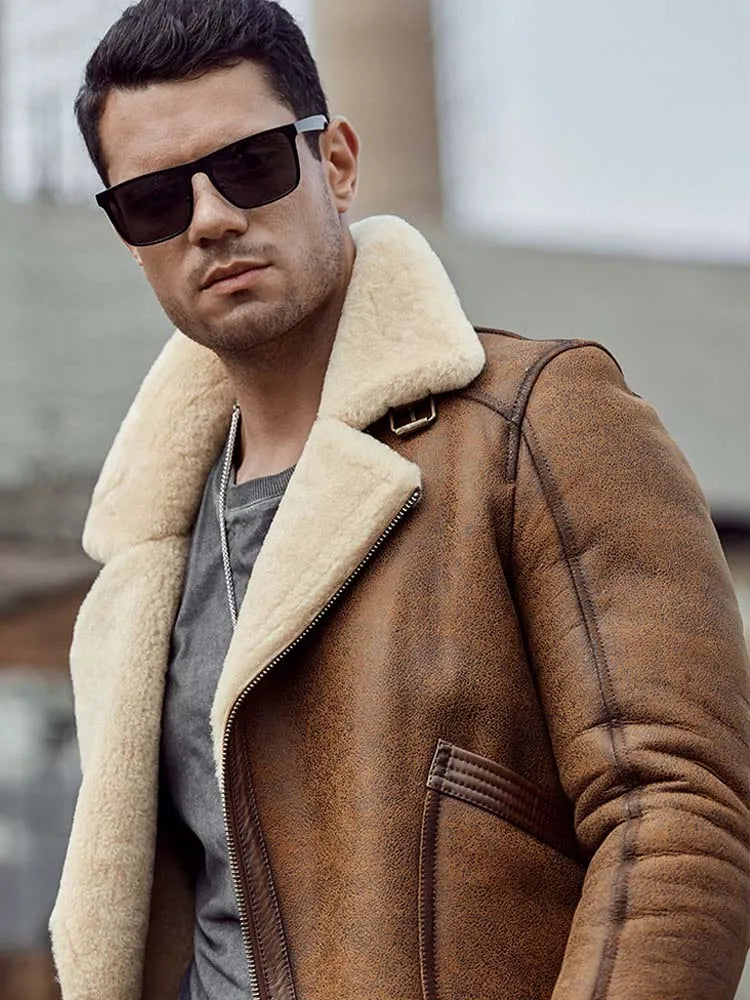 Denny&Dora Men's Brown Leather B3 Shearling Flight Jacket Short Fur Motorcycle Parkas Fashion Overcoat