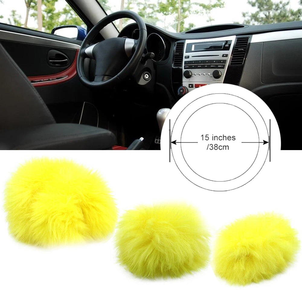 3pcs/Set Car Steering Wheel Cover Yellow Handbrake Gear Shifter Cover Plush Warm Fluffy Fuzzy Winter Car Accessories for Women