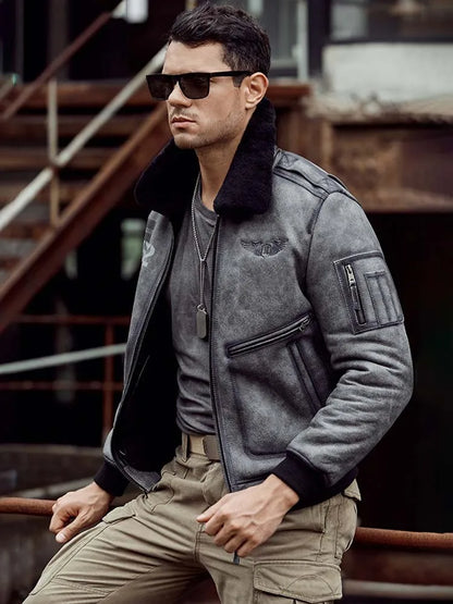 Denny&Dora Men's Grey Leather Shearling Bomber Jacket B6 Natural Sheepskin Fur Overcoat Men's Outerwear