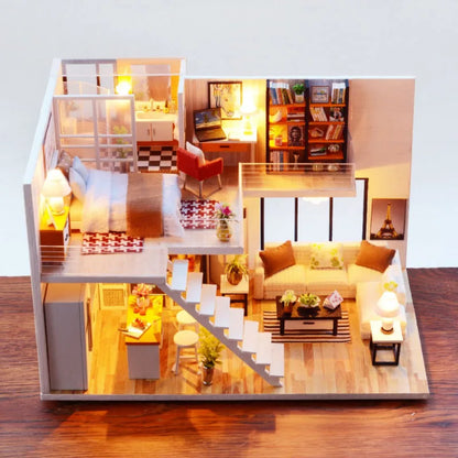 DIY Wooden Doll House with Furniture Miniature Dollhouse Furniture Kit with LED Toys for Children Adult Christmas Birthday Gift