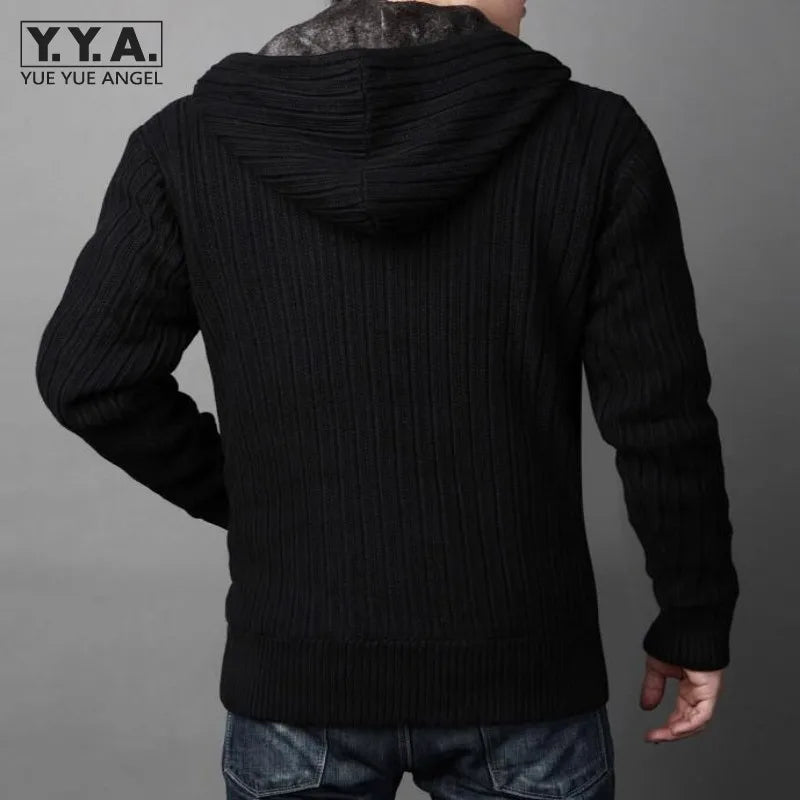New Arrival Mens Cardigans Sweaters Casual Hooded Zipper Mens Sweaters Winter Warm Thicken Fur Lining Hombre Knitwear