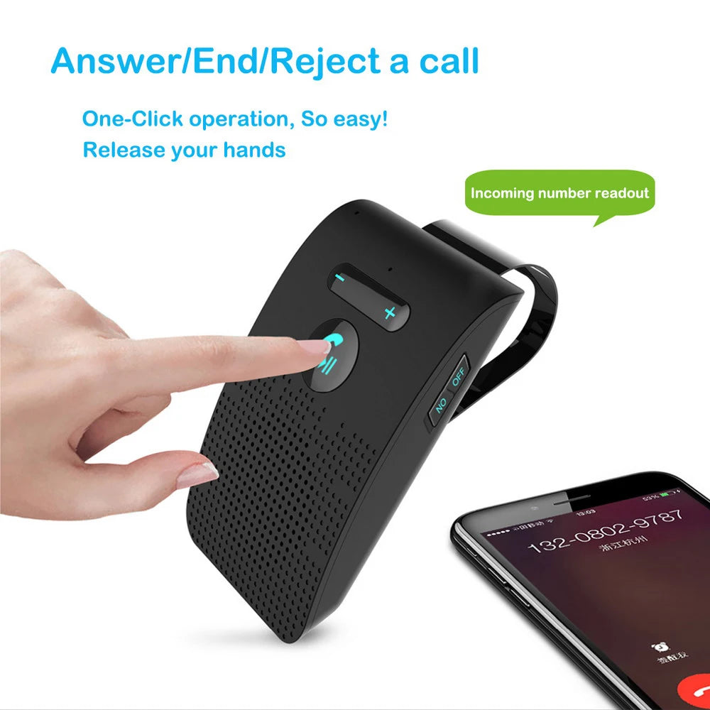 5.0 Handsfree Car Kit Hifi Speaker 2W Wireless Audio Receiver MP3 Music Player Noise Cancelling Sun Visor Clip