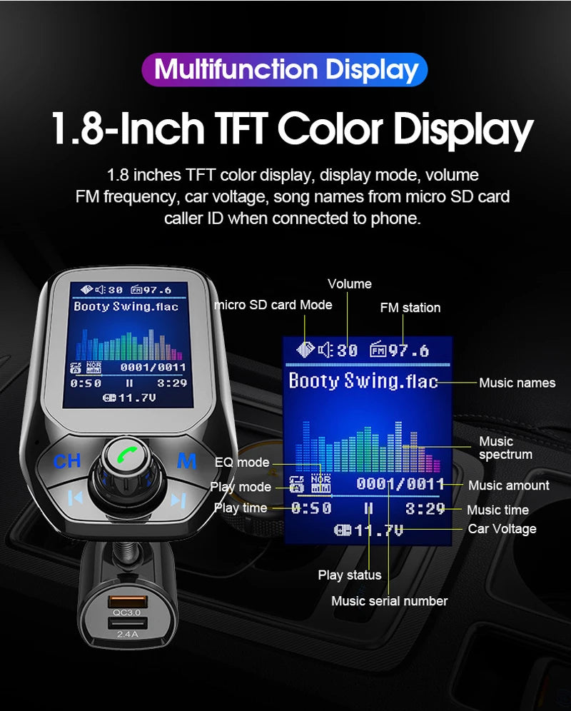 1.8 inch Color Display Bluetooth-compatible Handsfree Car Kit 3 USB Port QC3.0 Car Charger FM Transmitter Car MP3 Music Player